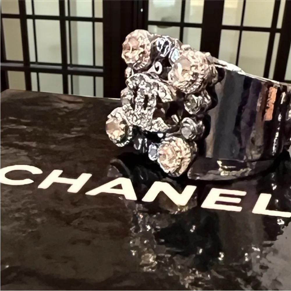 CHANEL Silver and Black Crystal Ring